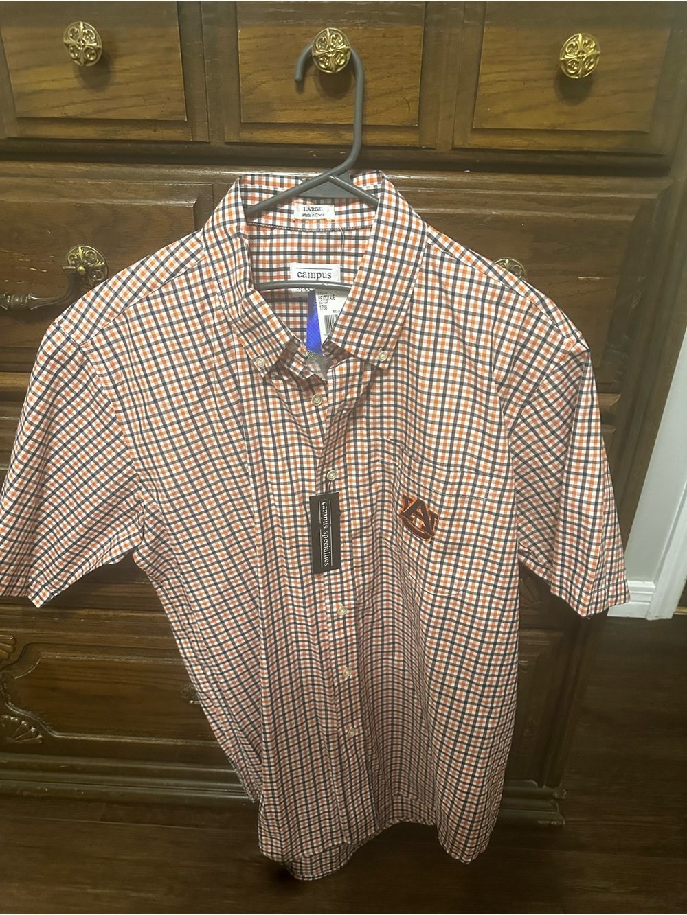Campus auburn merch Short-Sleeve Orange and Navy Check Button-Down Shirt size L